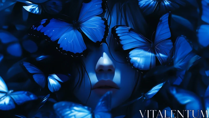 Human face partially obscured by clustered blue butterflies.