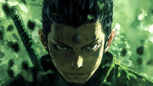 Intense warrior with forehead mark stares forward in green haze