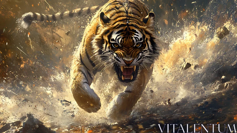 Ferocious tiger charge through exploding dust and debris.