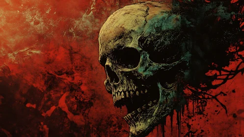 Decayed skull illustration over blood red textured void.