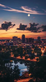 Urban skyline at blue hour with moonlit reflective foreground.