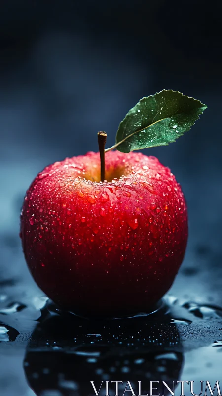 Single dewy red apple rendered in dramatic low-key lighting
