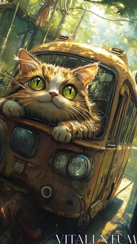 Feline figure integrated into vintage automobile form.