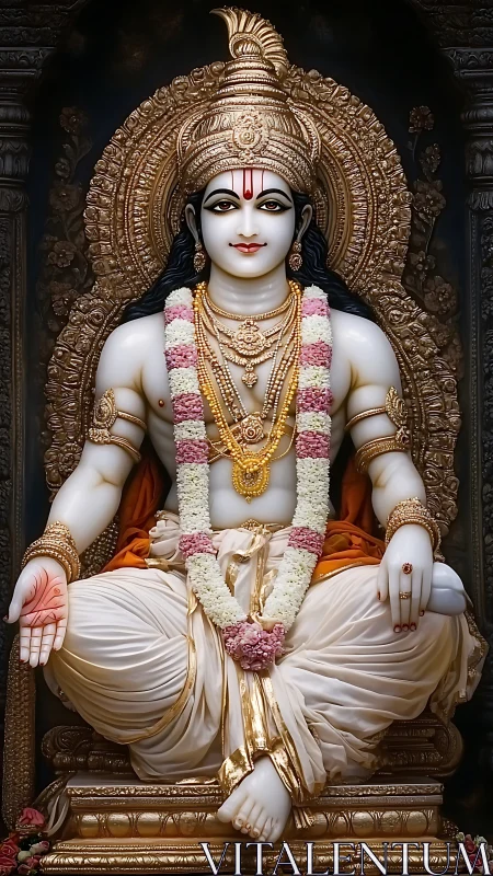 Serene adorned deity statue offers calm, gracious presence