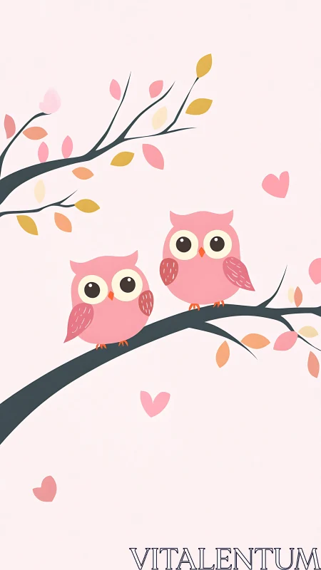 Pink cartoon owls perched on stylized tree branch illustration.