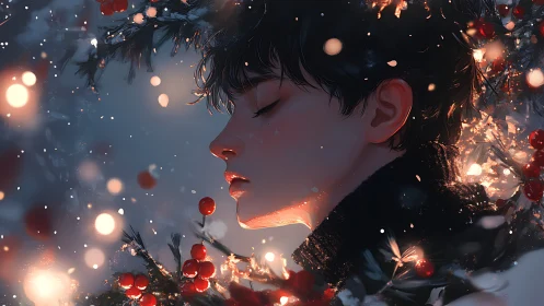 Winter portrait of young person among glowing berries.