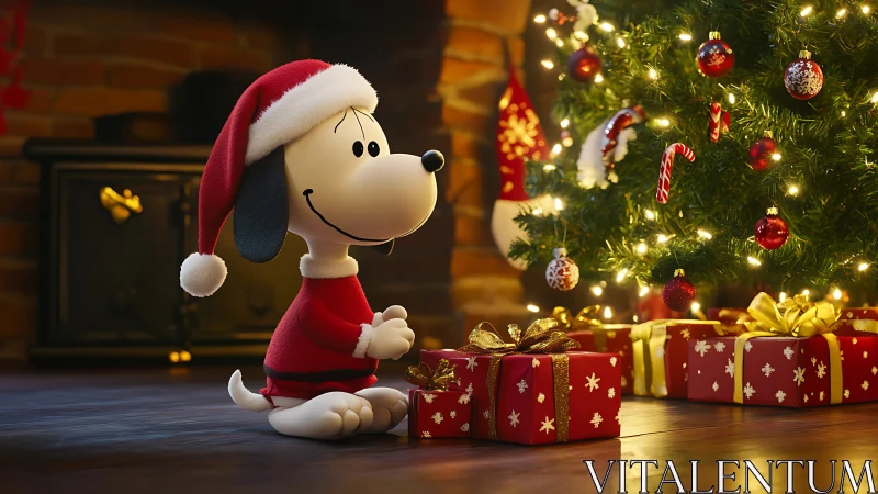 Cartoon beagle in Santa outfit admires luminous Christmas gifts