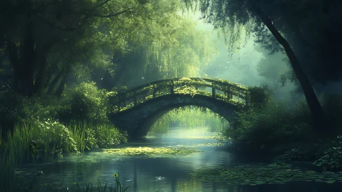 Misty forest stone bridge arches over reflective lily pond