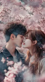 Romantic couple kissing amid blooming cherry blossoms.