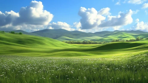 Radiantly lit parametric grasslands under volumetric cumulus sky.