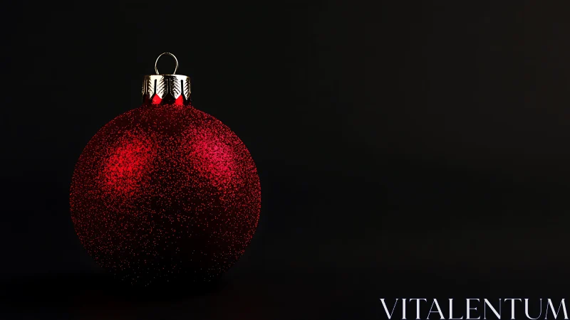 Red spherical ornament is positioned against a black background