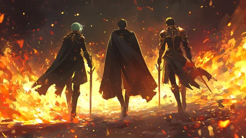 Triad of armored warriors stride through blazing battlefield.