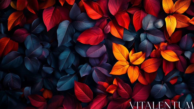 Multicolored foliage pattern with red, blue and orange leaves.