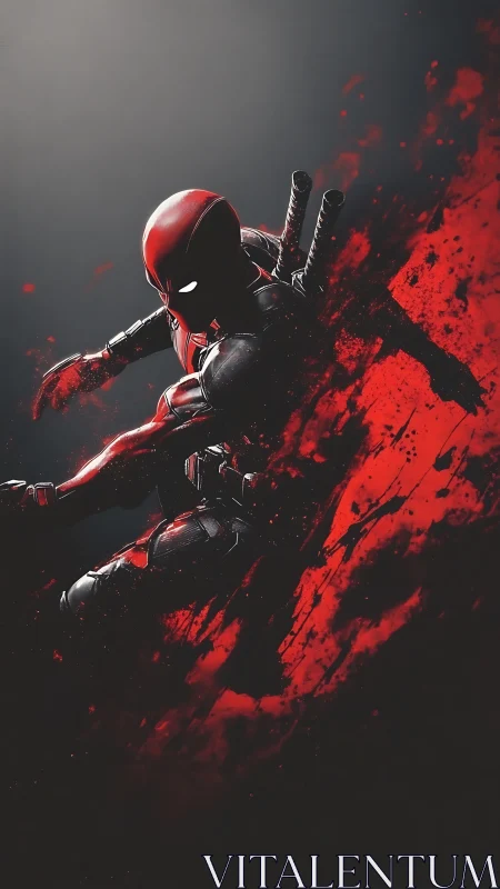 Dynamic masked antihero dives through bold red streaks