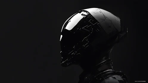High-contrast side profile of glossy black modular sci-fi helmet