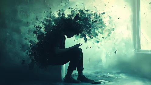 Silhouetted figure in fracturing digital haze by bright window