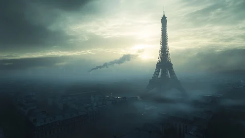 Misty Paris morning with Eiffel Tower in dreamy hush.