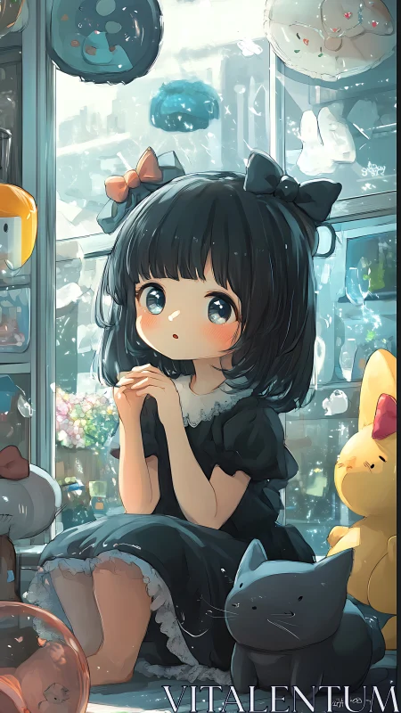 Daydreaming girl surrounded by cozy plush friends.