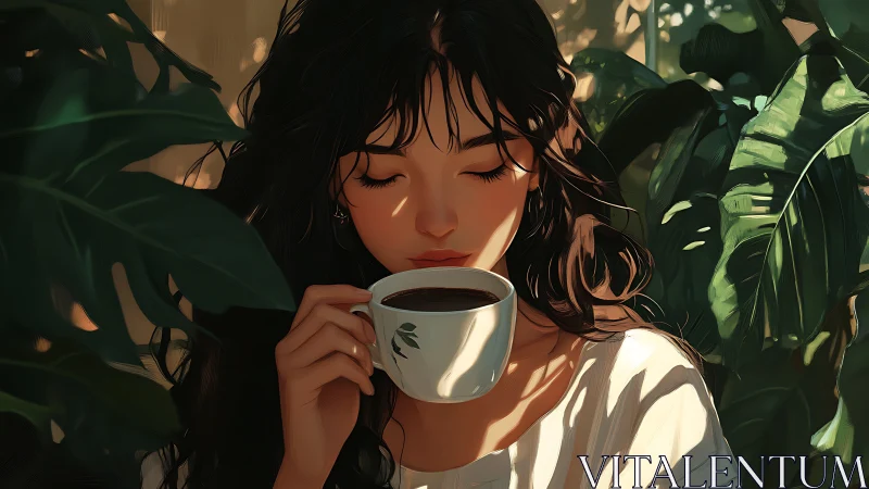 Leaflit coffee hush with a daydreaming garden muse.