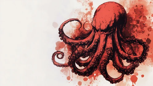 Red octopus illustration spreads tentacles over splattered ink