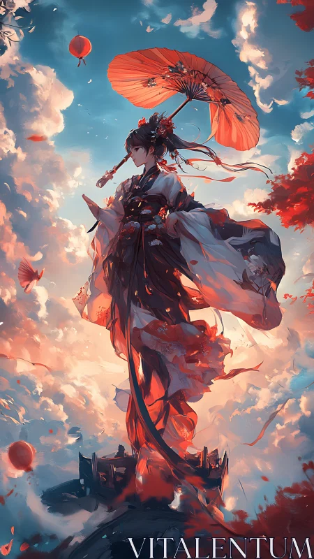 Skybound warrior in flowing kimono ascends through clouds.