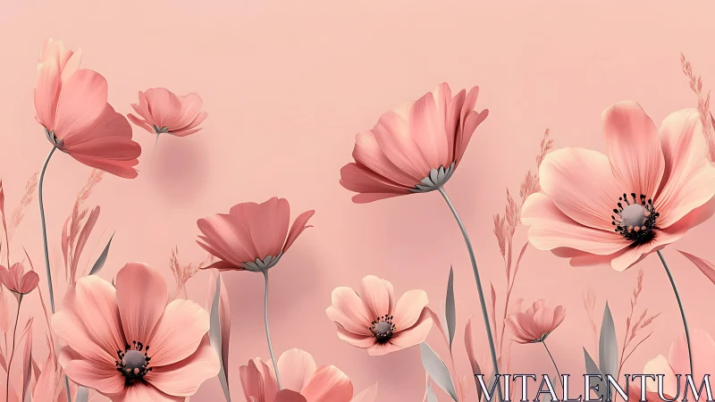 Delicate Pink Cosmos Blossoms Against Soft Background.