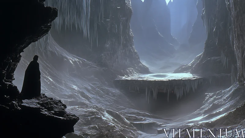 Digital cavern vista with suspended icy platform composition.