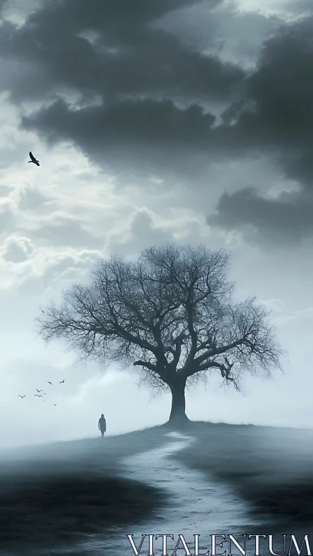 Solitary tree and wanderer beneath a brooding silver sky.