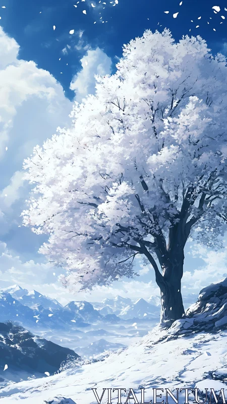 Solitary snow‑covered blossom tree overlooks distant alpine range