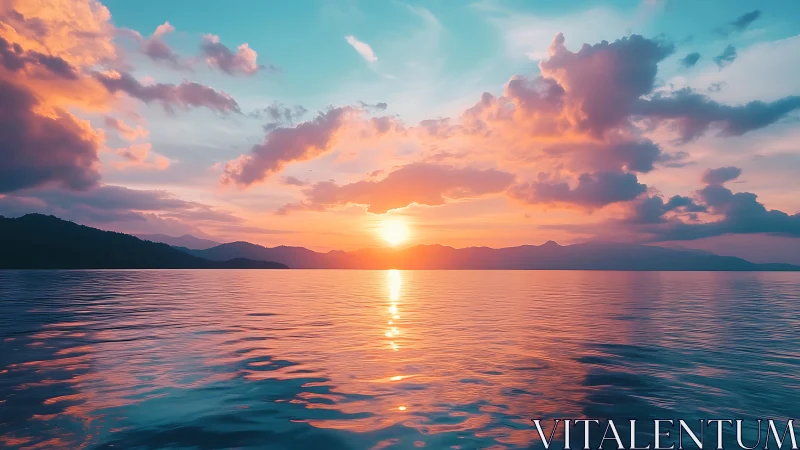 Gentle sunset glow over calm ocean waves and distant hills.