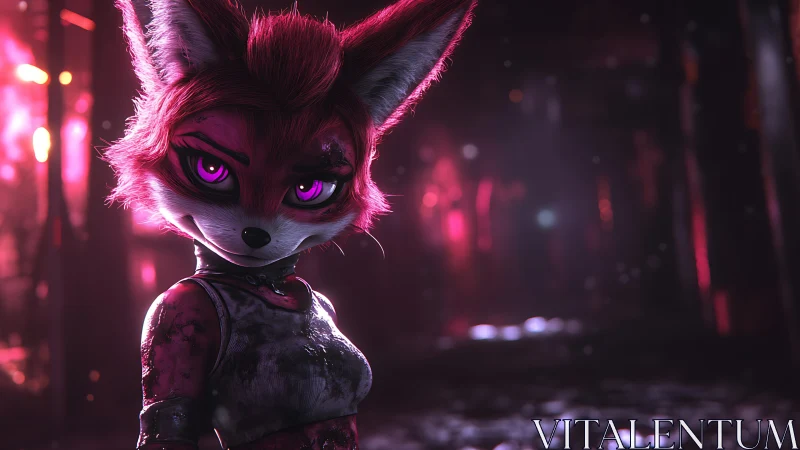 Vivid neon fox heroine with glowing eyes in moody alley.