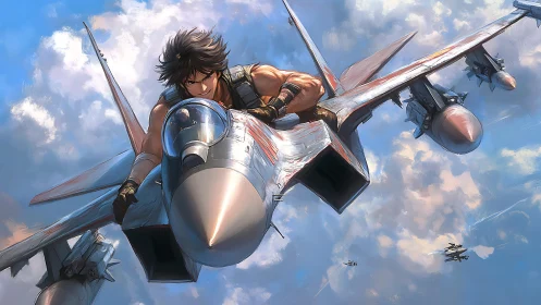 Fighter pilot grips jet fuselage in dynamic sky pursuit