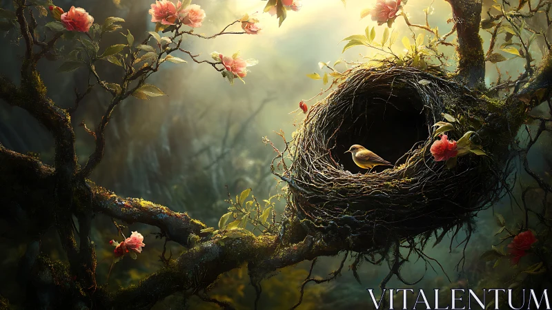 Forest cradle of light where a tiny golden songbird waits.