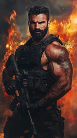 Heavily armed bearded operator in firelit tactical standoff