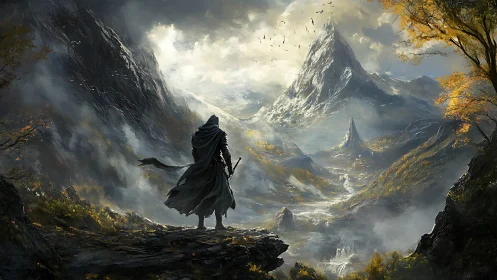Cloaked wanderer weighs destiny beneath storm-stained peaks