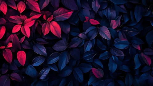 Neon magenta and deep blue foliage forms dense abstract canopy