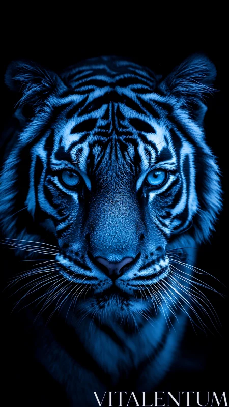 Bioluminescent blue tiger portrait rendered in high contrast