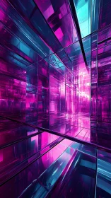 Neon magenta cyan mirrored tunnel in reflective glass prisms