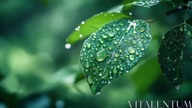 Macro close-up of rain droplets on vibrant green foliage leaves