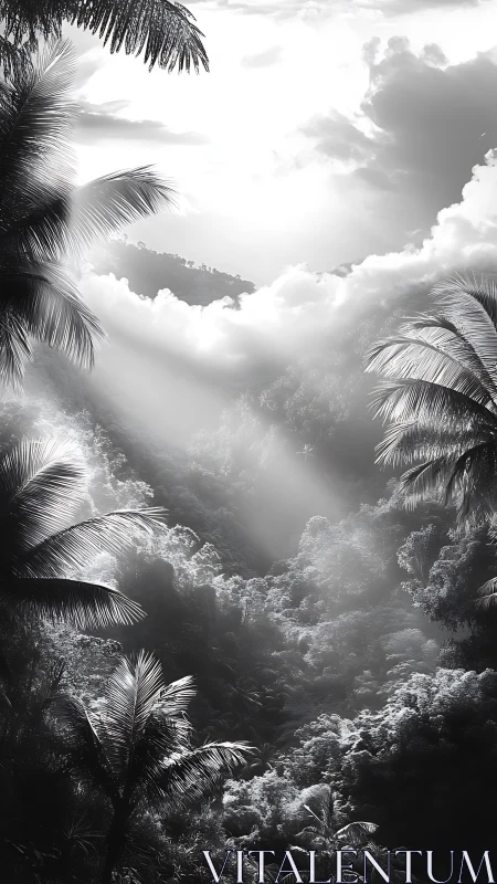 High-contrast sunbeams penetrate dense tropical valley canopy
