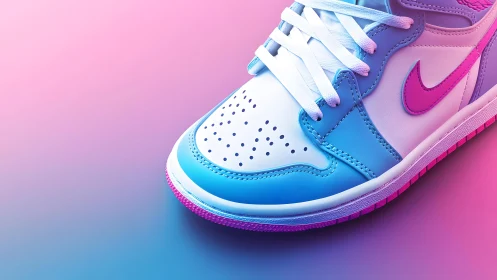 Stylish Nike sneaker in blue and pink on gradient background.