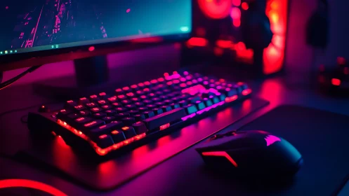RGB-backlit mechanical gaming keyboard, mouse and PC setup