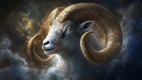 Majestic celestial ram gazes calmly through starlit clouds