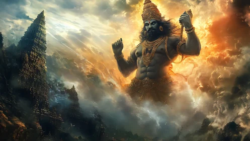 Colossal mythic warrior towers above temple spires in storm clouds