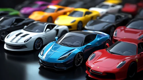 High-gloss supercar lineup rendered in hyperreal studio light