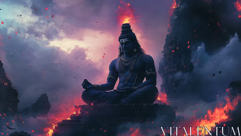 Divine blue deity in meditative pose amid volcanic twilight.
