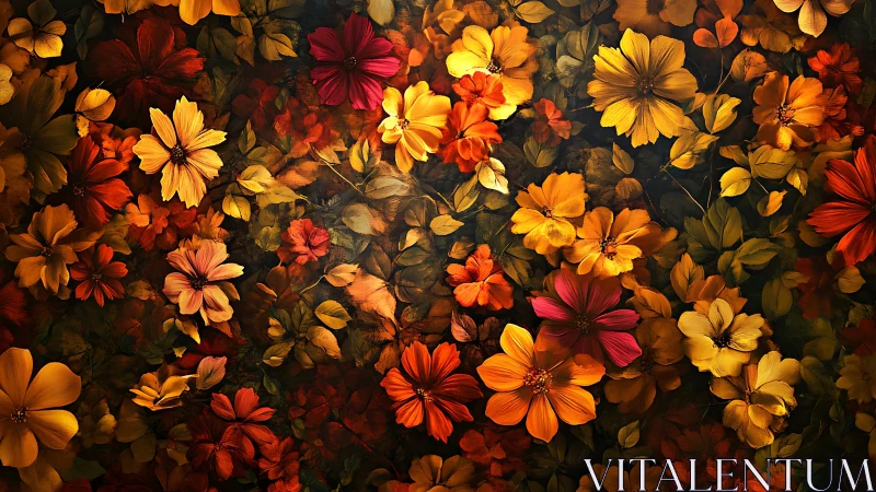 Radiant autumn florals glow against a rich, shadowed ground