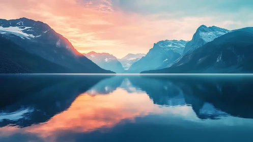 Glacial mountain lake mirrors vivid pastel sunrise sky