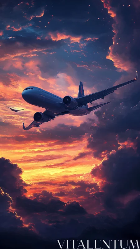 Commercial airliners crossing dense sunset cloud layers.