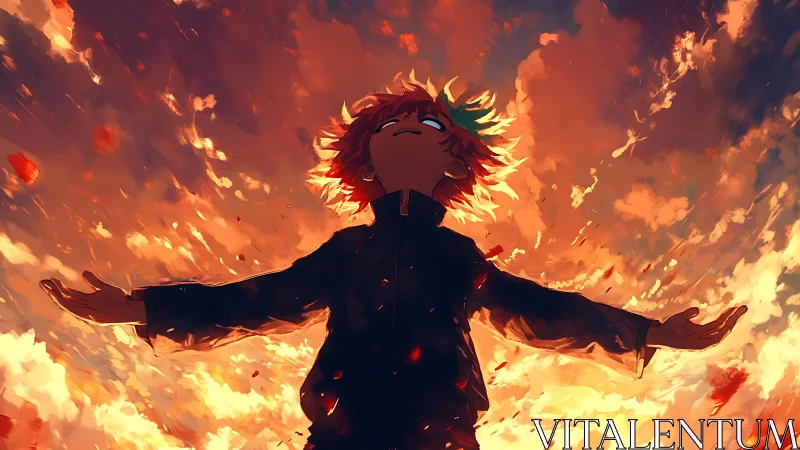 Backlit anime figure embracing sunset sky with glowing clouds